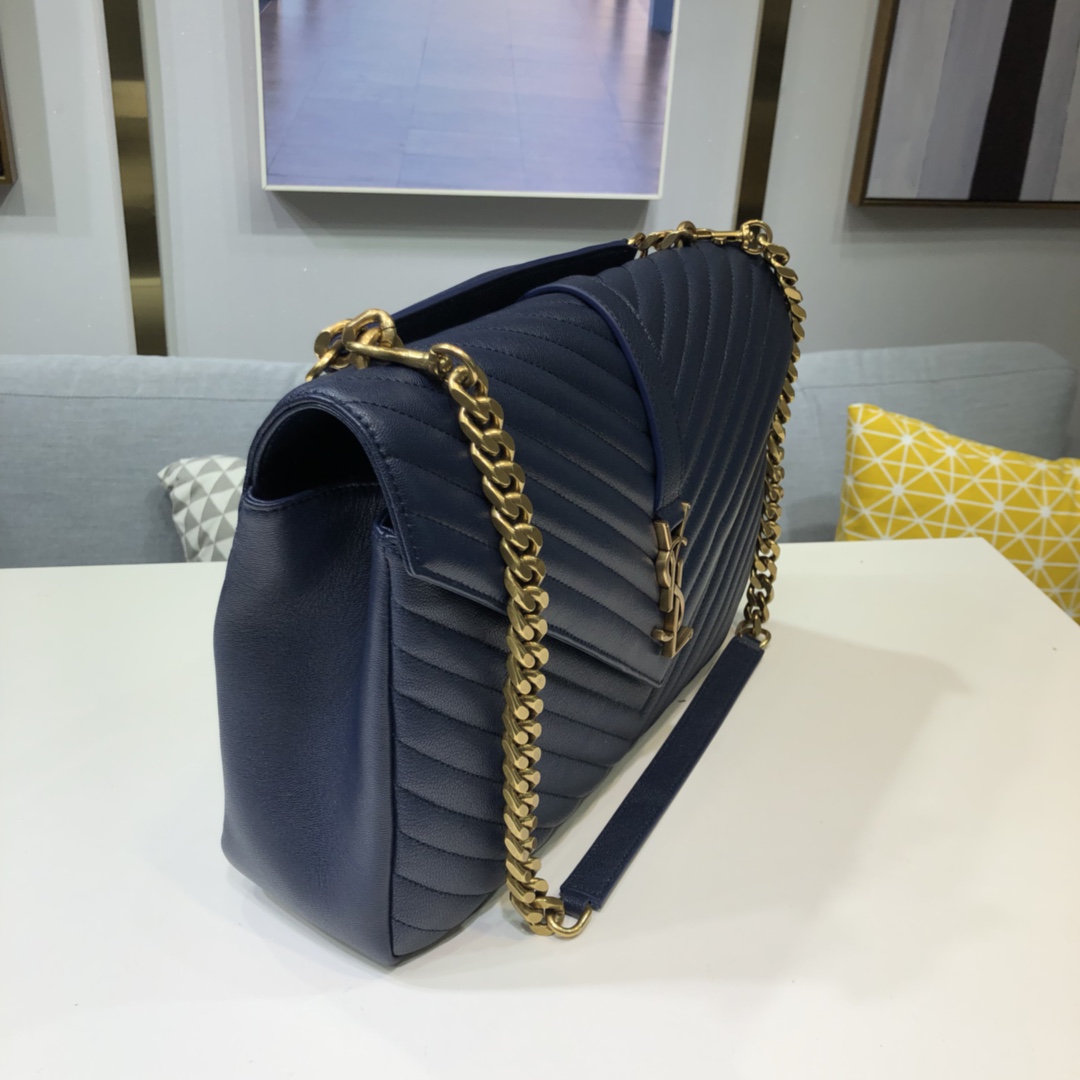 Saint Laurent Lambskin College Handbag Shoulder Bag Navy Blue 392738 Gold